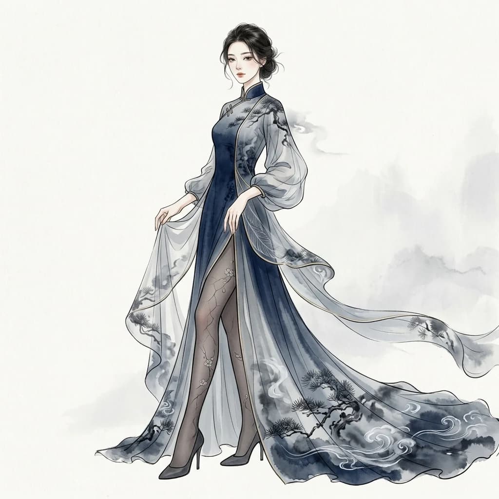 请生成一张 9:16 竖版的原创东方时装插画，主题为[主题名称]。 整体风格融合：现代东方高定、中国水墨、淡彩水彩、细腻…