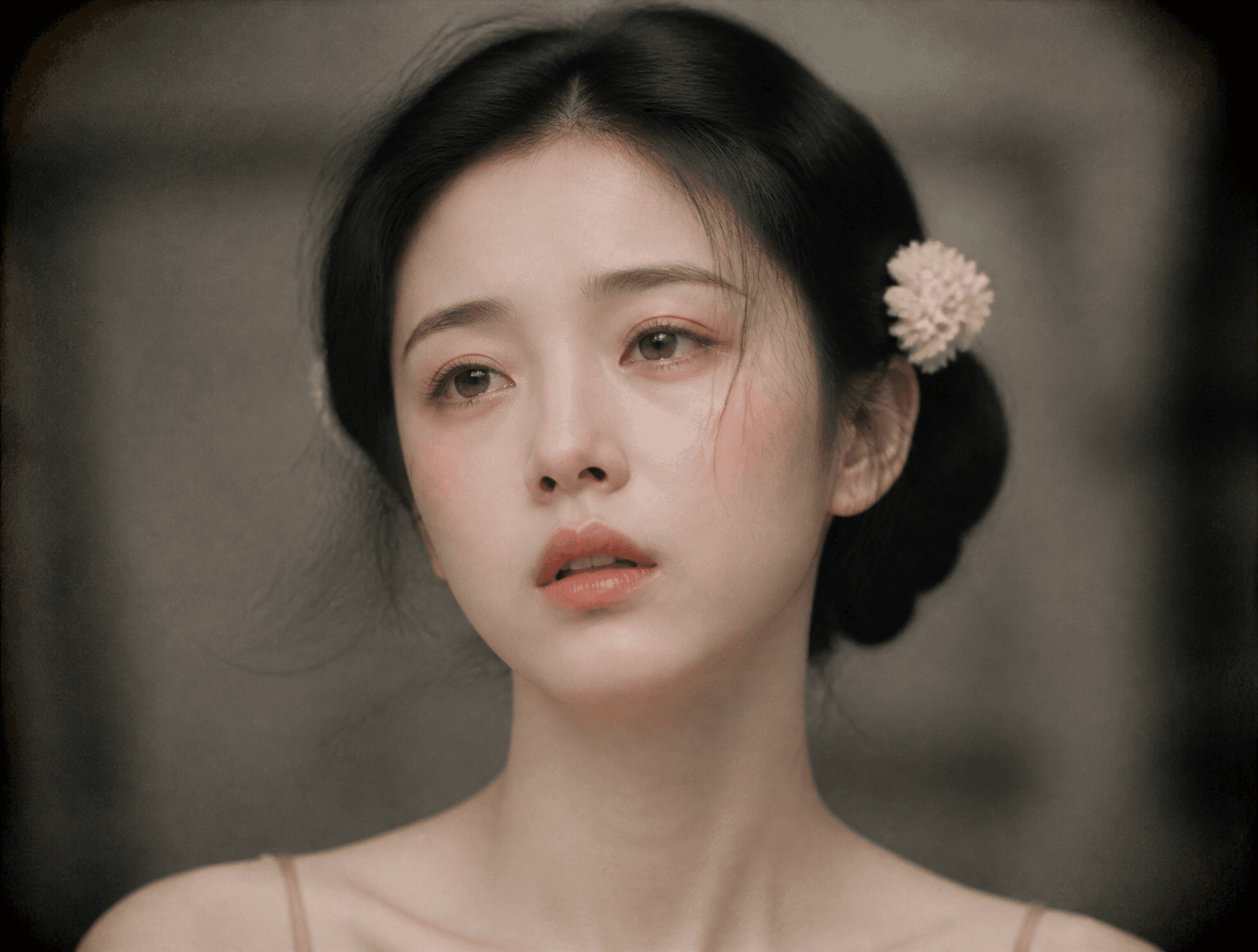 工笔重彩与超写实摄影融合风格，民国舞女肖像。竖幅构图，正面近景人像，人物位于画面中央，占据约四分之三高度，面部集中...