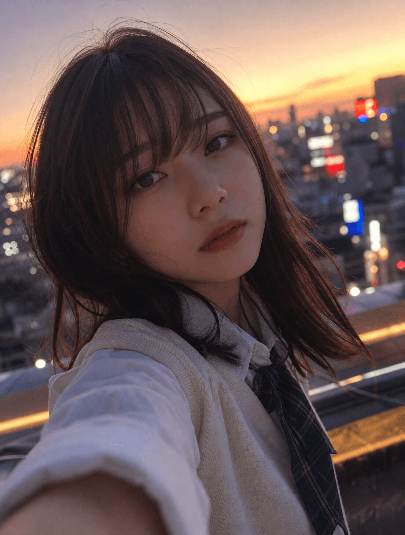 エモーショナルな雰囲気で、夕暮れ時の柔らかな光に包まれた日本人女子大生の自撮り写真。彼女の表情は少し憂いを帯びてお...