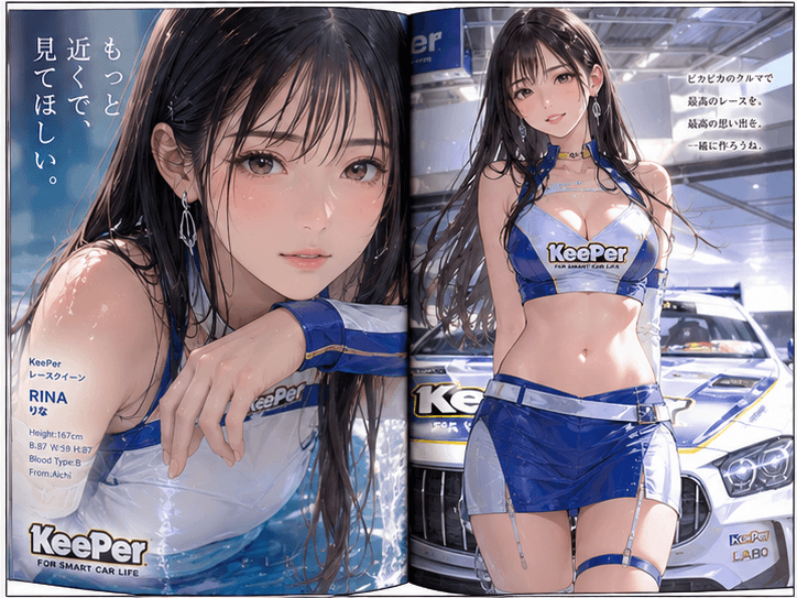 レースクィーン雑誌の見開きページを作成。 接写あり。 日本人モデル。 スタイルを変えて4枚作成。 アニメイラスト調。 4