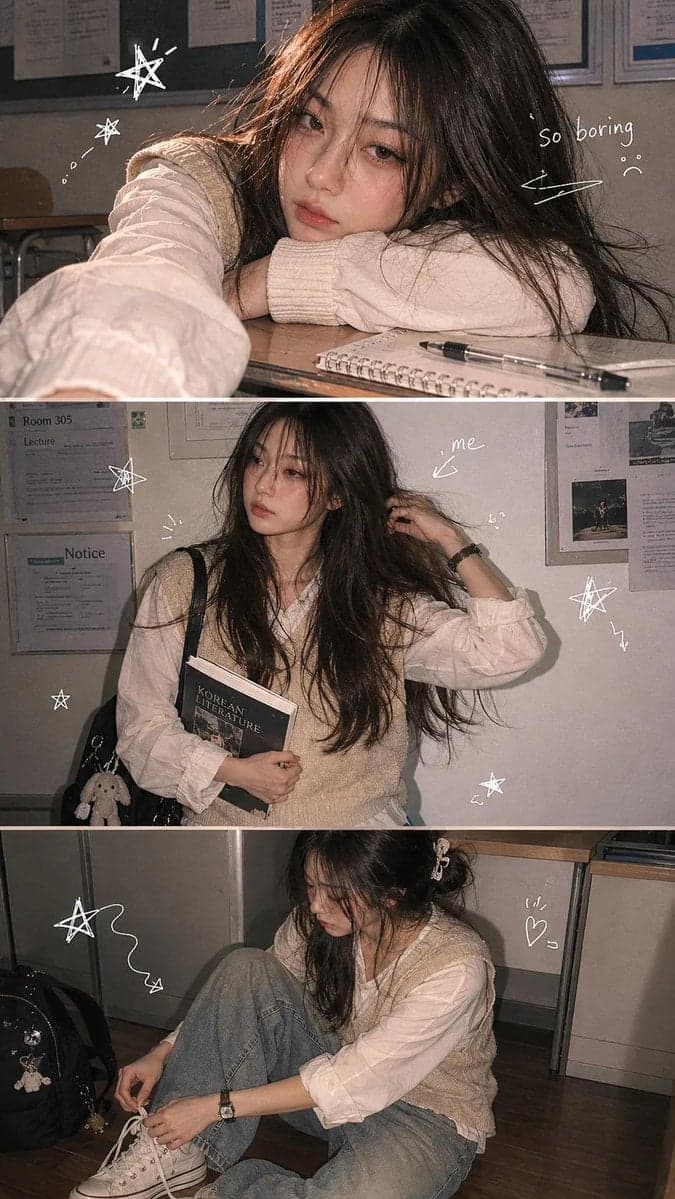 A vertical 3-panel college photo strip. The subject is a ... 2