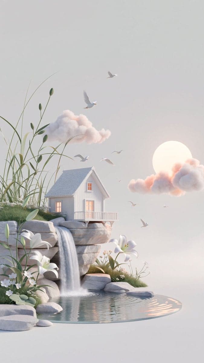 dreamy surreal 3D illustration, vertical composition with...