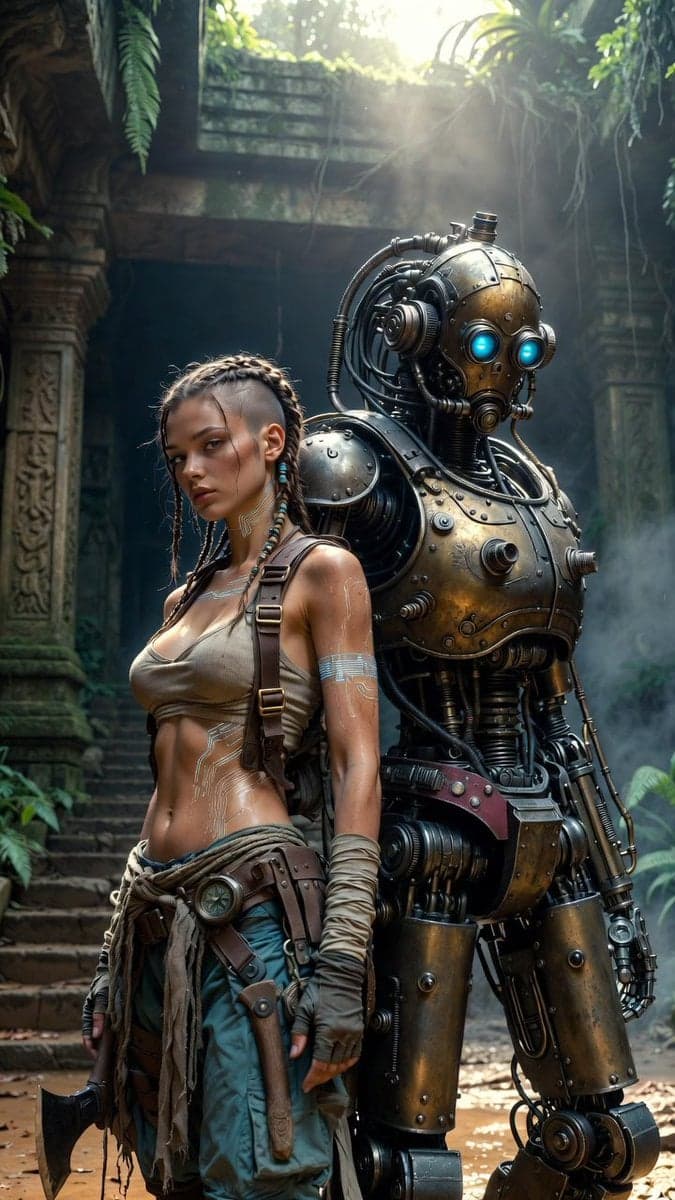 Ultra-photorealistic cinematic sci-fi still. A female adv...