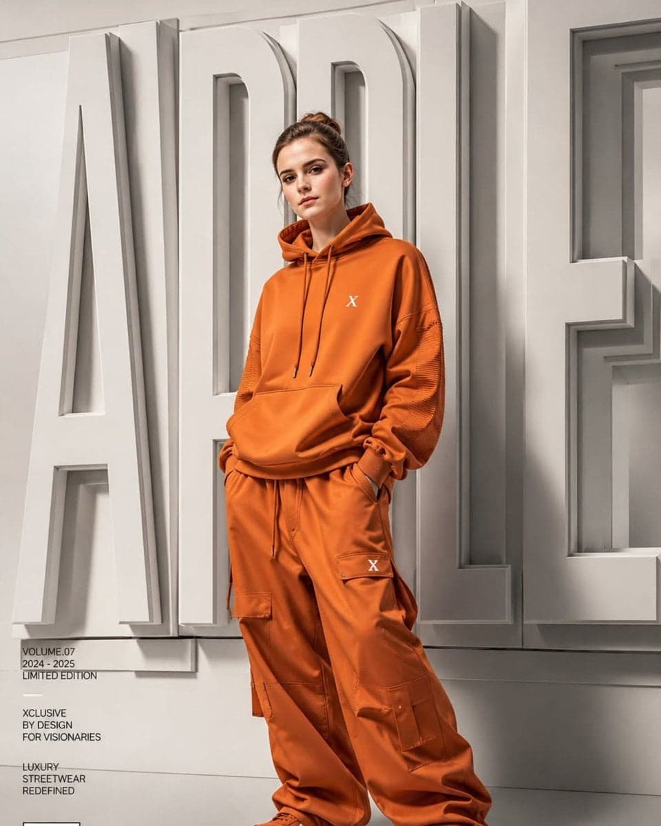 A high-end fashion campaign poster featuring a young mode...