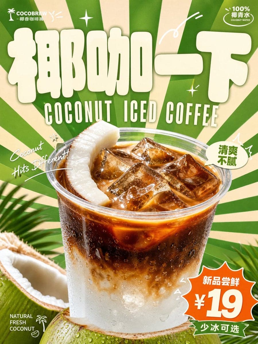 围绕具体饮料主题生成一张明亮轻快的复古商业广告视觉：画面第一眼由超大、厚实、圆角饱满的主题字标建立记忆点，字形像柔...