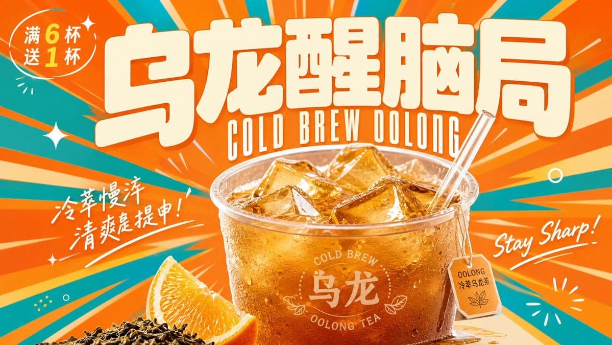 围绕具体饮料主题生成一张明亮轻快的复古商业广告视觉：画面第一眼由超大、厚实、圆角饱满的主题字标建立记忆点，字形像柔... 3