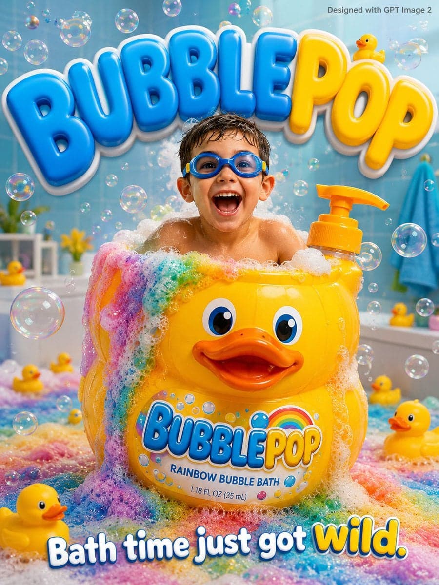 A fun bubbly kids advertisement poster. An excited young ...