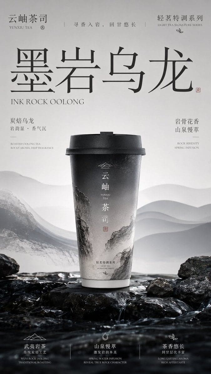 请生成一张竖版 9:16 的高级新中式茶饮品牌包装主视觉海报。每张图片独立生成，不要合并成拼图。