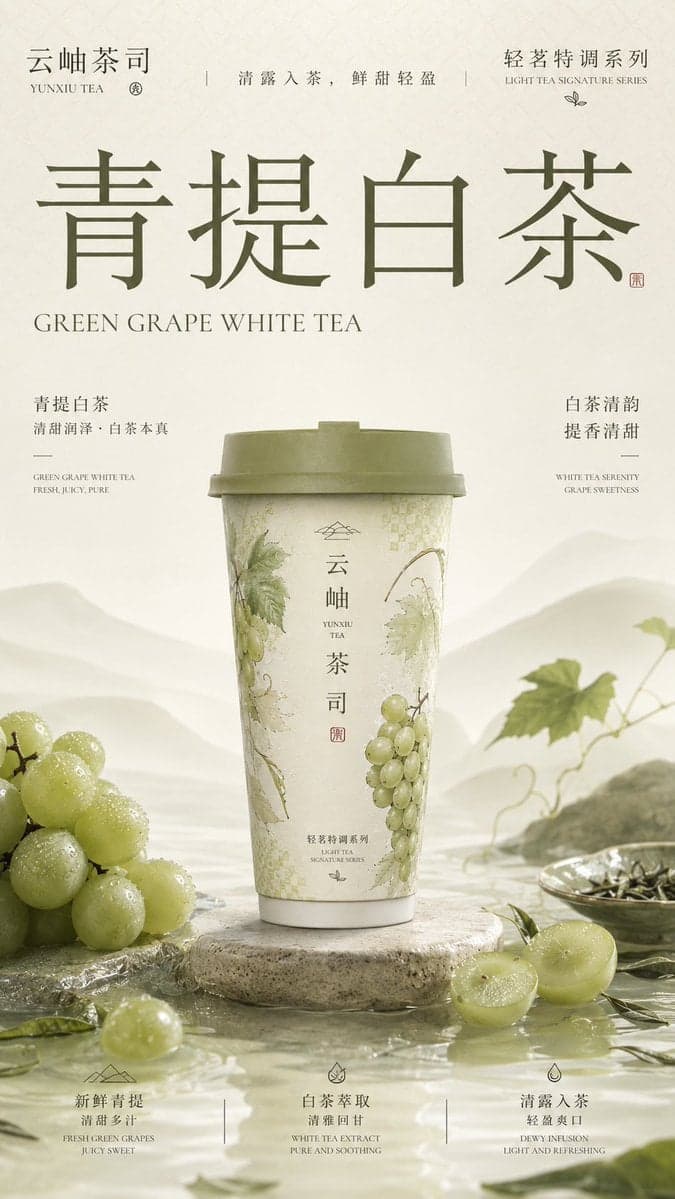 请生成一张竖版 9:16 的高级新中式茶饮品牌包装主视觉海报。每张图片独立生成，不要合并成拼图。 2