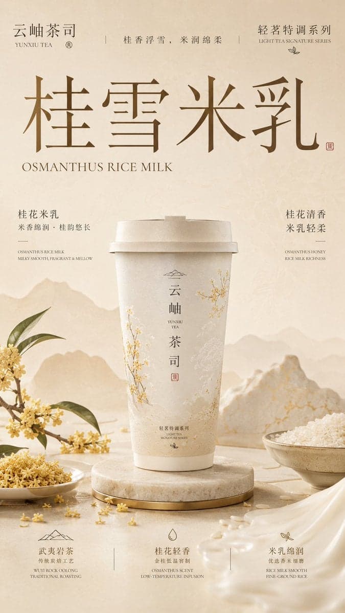 请生成一张竖版 9:16 的高级新中式茶饮品牌包装主视觉海报。每张图片独立生成，不要合并成拼图。 3