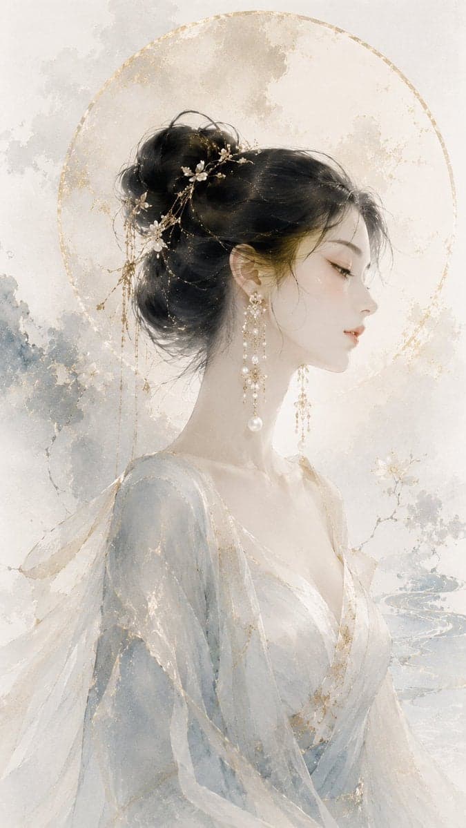 请生成一张 9:16 竖版、原创高级东方珠宝视觉海报。整体风格为东方水墨时装插画，结合高级珠宝 Campaign、...