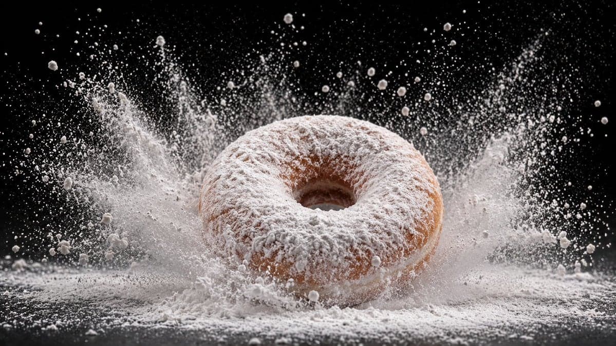 [Food Item] coated in [Powder Sugar Cocoa] being dropped ...