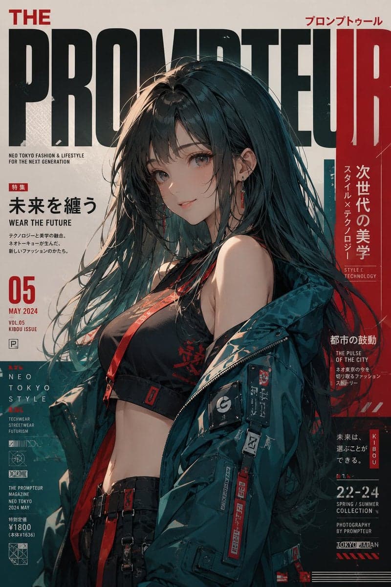 Ultra-premium Neo Tokyo fashion magazine cover, editorial...