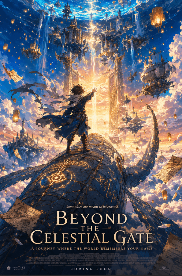 A breathtaking anime fantasy movie poster in portrait for...