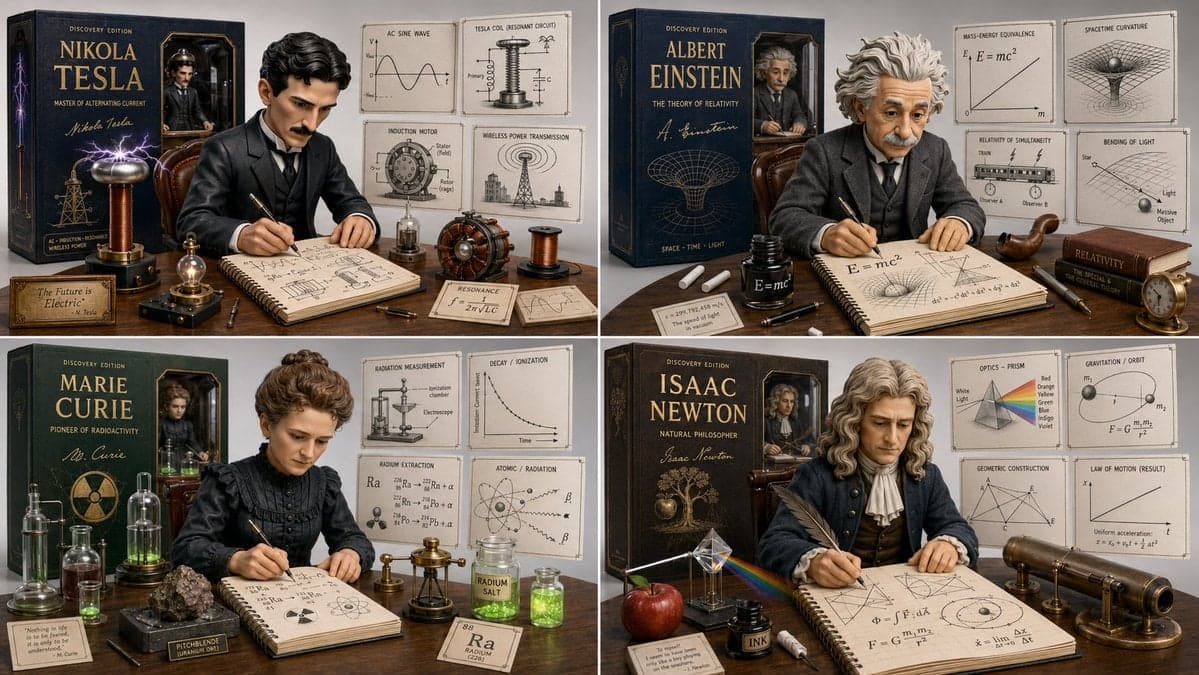 2x2 grid, 16:9, do this for Tesla and 3 other famous scie...
