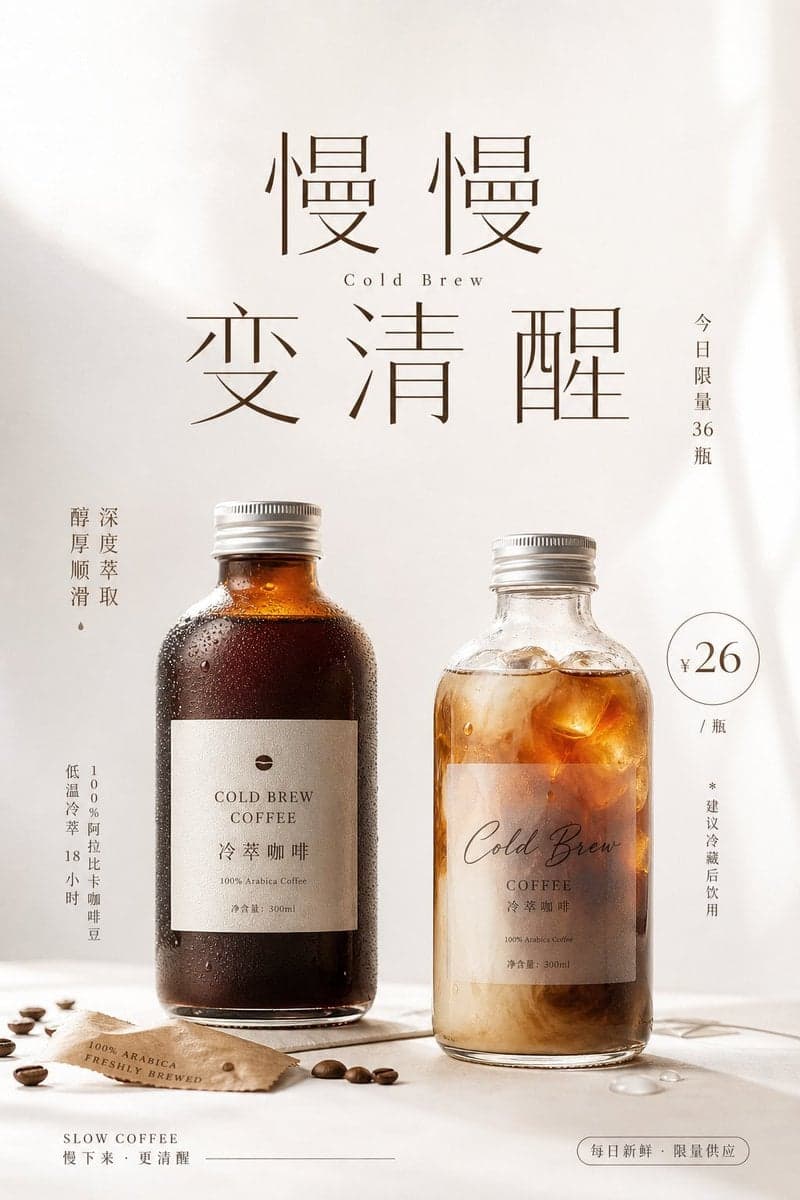 围绕[主题对象]生成一张明亮清透的商业信息视觉：上方保留大面积呼吸空间，中心以极大的中文主题字作为第一视觉，字距疏...