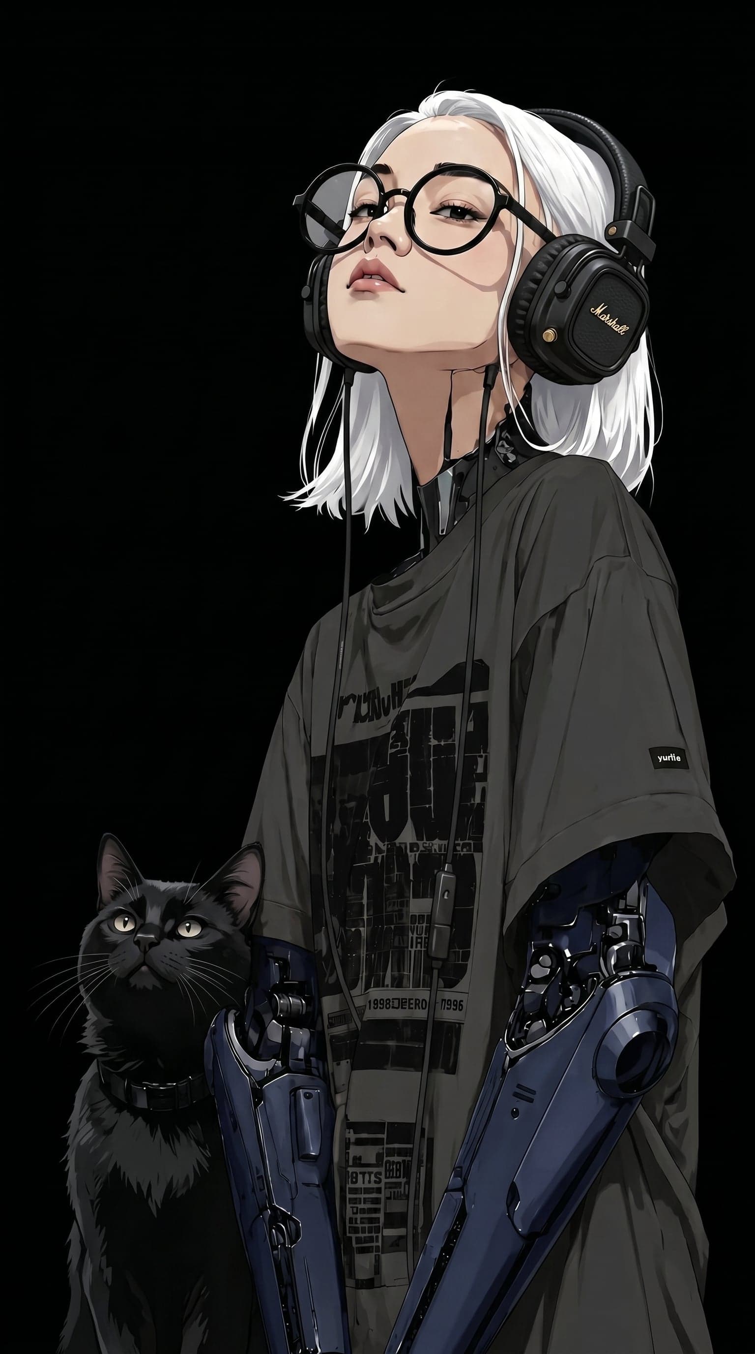 In this style, make the cat black, the color of the mecha...